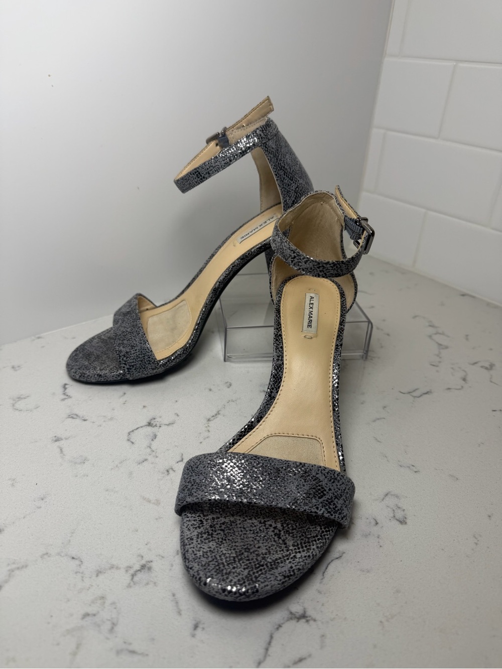 Silver Metallic Glitter Block Heel Ankle Strap Sandals Size 7